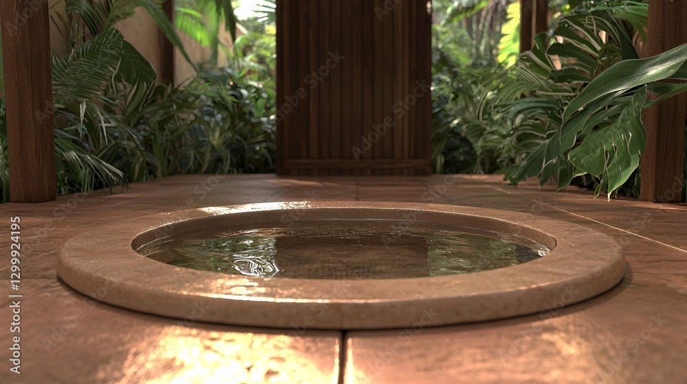 Round Stone Water Feature in a Lush Tropical Garden Round Stone Water Feature in a Lush Tropical Garden