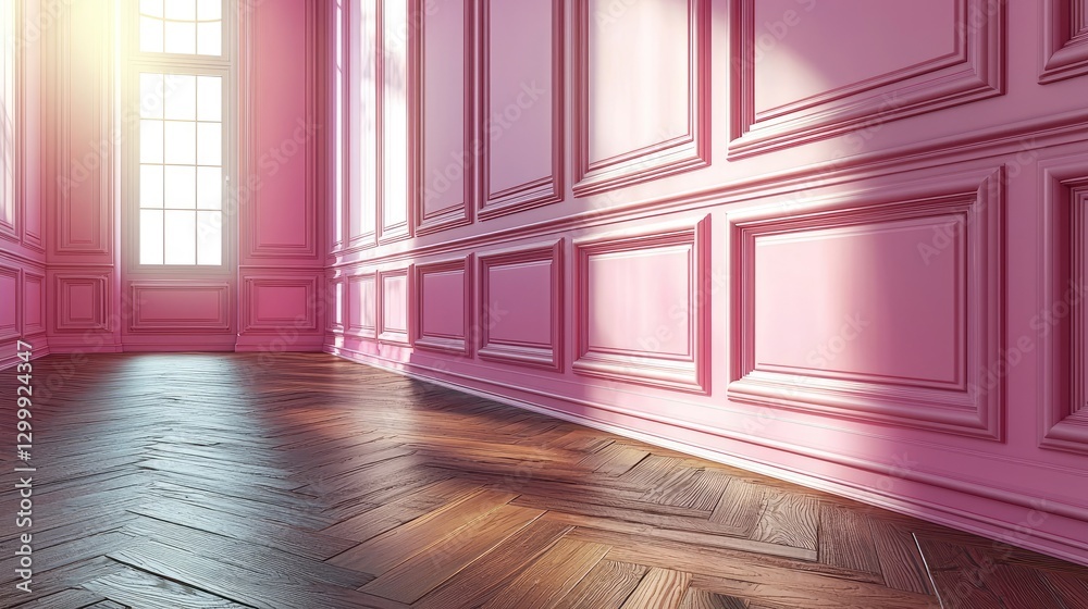 Fototapeta premium Bright and airy pink room with wooden floor and sunlight streaming through large windows