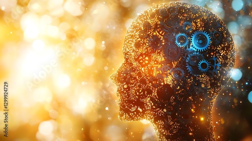 A creative concept of a human head filled with colorful gears and mechanical elements, each part glowing with neon lights, bright sunlight shining through the translucent parts, futuristic
