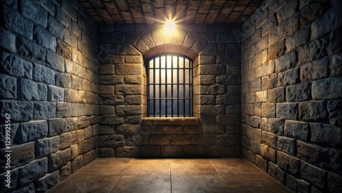 Dark medieval dungeon cell with a single barred window, mysterious, dim lighting,  mysterious