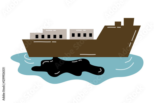 Oil spill from ship illustration. Cargo ship leaking oil into the ocean. Environmental pollution disaster. Marine ecosystem contamination. Vector illustration.