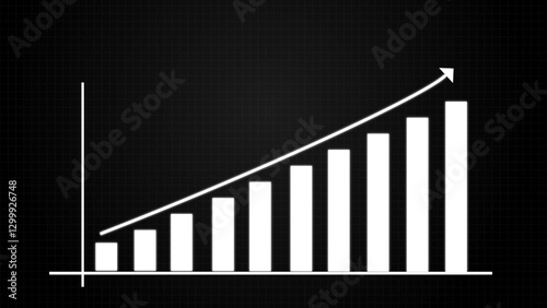 A futuristic financial growth chart featuring glowing white bars and an upward arrow on a dark grid background. This high-quality digital design represents business success, stock market trends.