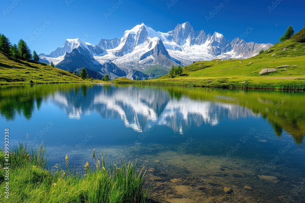 Fototapeta premium Cheserys lake capturing night stars with mont blanc massif, an enchanting scene for travel lovers and adventure seekers craving stunning natural landscapes