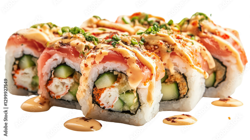 A set of assorted sushi rolls with avocado, crab, and cucumber, isolated A set of assorted sushi rolls with avocado, crab, and cucumber, isolated
