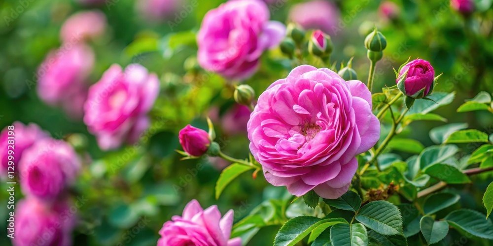 Close up view of Rosa damascena shrub plant in Bulgaria's Valley of Roses