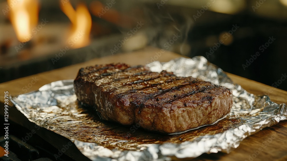 Grilled steak resting on wooden board covered with aluminum foil Grilled steak resting on wooden board covered with aluminum foil
