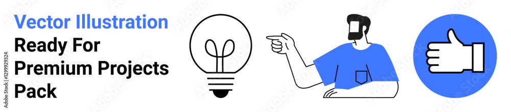 Light bulb representing ideas, person pointing in blue tones, thumbs-up for approval. Ideal for creativity, innovation, teamwork, guidance, positivity brainstorming motivation. Flat landing page Light bulb representing ideas, person pointing in blue tones, thumbs-up for approval. Ideal for creativity, innovation, teamwork, guidance, positivity brainstorming motivation. Flat landing page