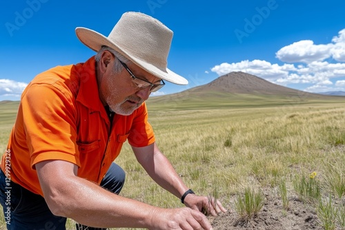 A scientist measuring soil moisture in a desertified region, researching solutions for land restoration photo