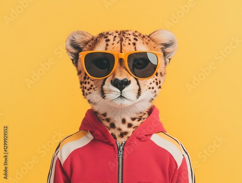 cheetah red tracksuit oversized sunglasses urban portrait