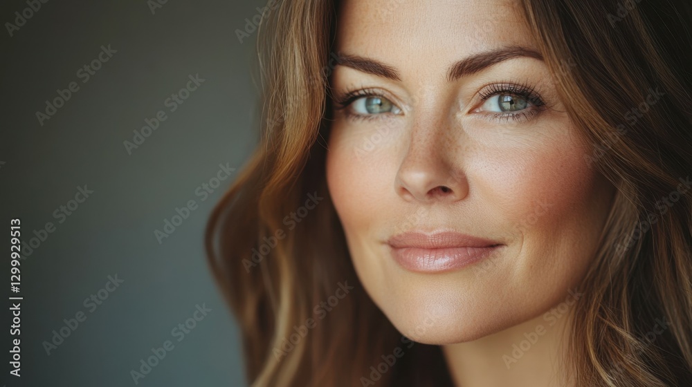 Happy attractive confident young adult or mid aged European woman posing for beauty aesthetic portrait. Beautiful lady smiling on background, attractive female model looking at camera. Close up face . Happy attractive confident young adult or mid aged European woman posing for beauty aesthetic portrait. Beautiful lady smiling on background, attractive female model looking at camera. Close up face .