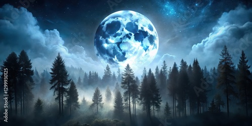 Dense forest under dark night sky with full moon casting eerie shadows on trees, dark woods