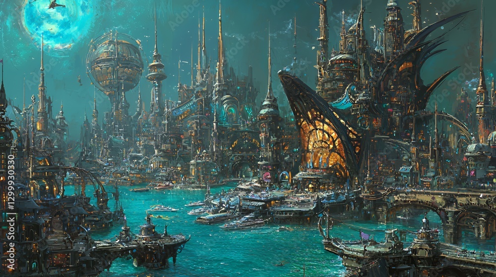 Futuristic Teal Cityscape at Night with Glowing Towers and Ships Futuristic Teal Cityscape at Night with Glowing Towers and Ships