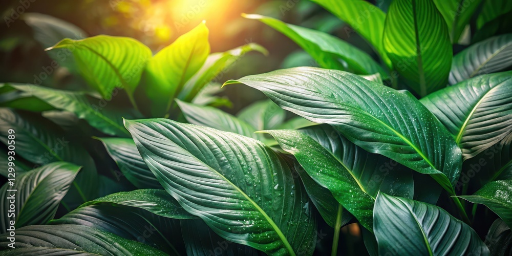 Obraz premium Dark green tropical leaves of Spathiphyllum cannifolium in a lush forest setting with filtered sunlight and dew drops on the leaves , foliage, plant