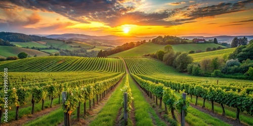 Wallpaper Mural Serene European vineyard at sunset with rolling hills and lush green vines stretching as far as the eye can see, vineyard, rolling hills Torontodigital.ca