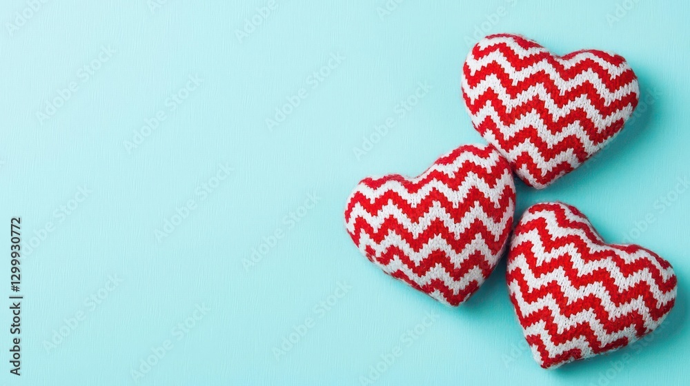 Obraz premium Two knit hearts placed on a blue background showcasing handmade textile art and love symbolism