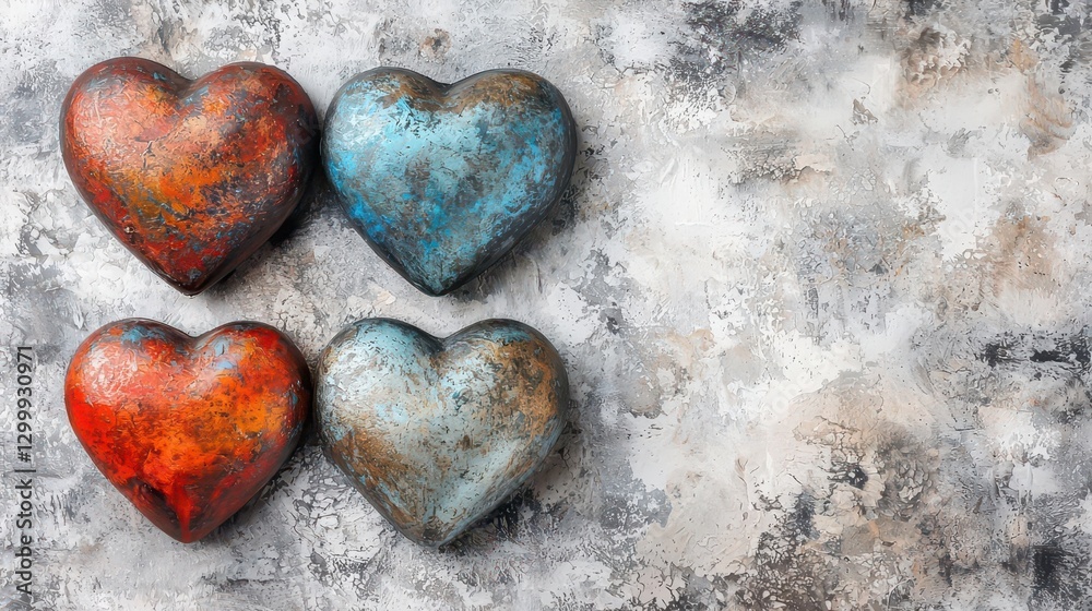 Obraz premium Three rusty hearts arranged on a textured concrete background for artistic display