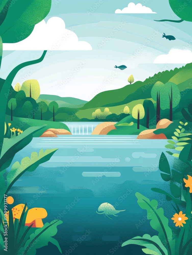 Obraz premium Serene River Landscape: A Tranquil Oasis of Nature