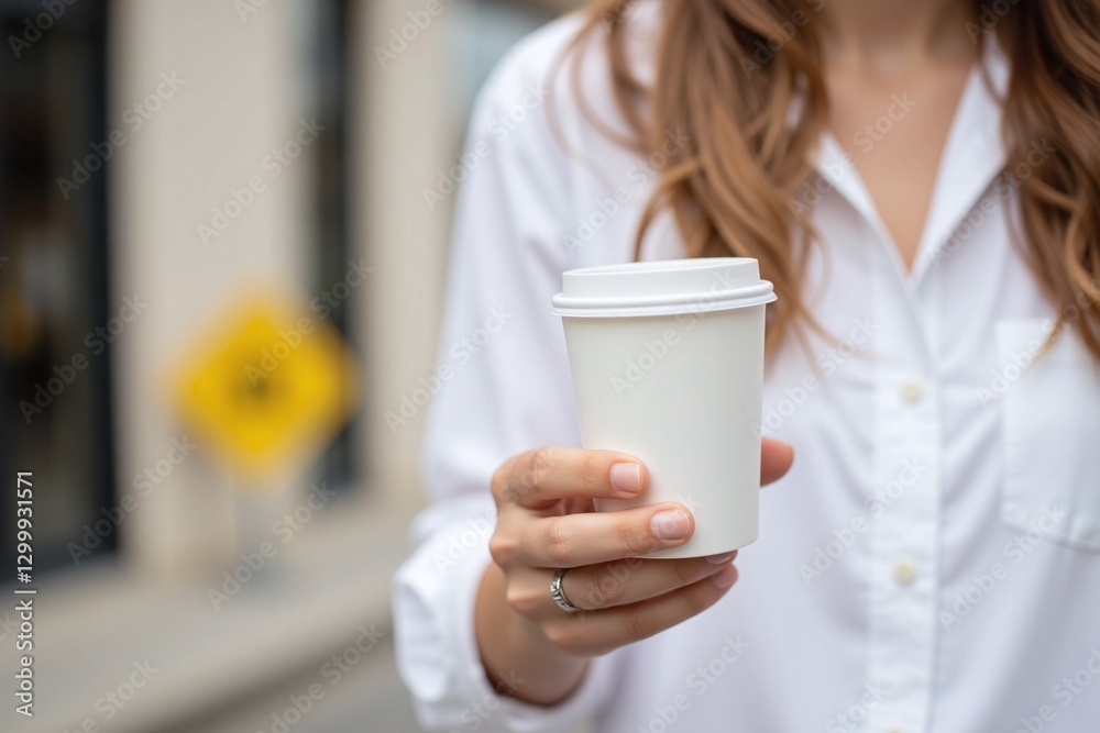 person's hand holding white paper coffee cup outdoor setting person's hand holding white paper coffee cup outdoor setting