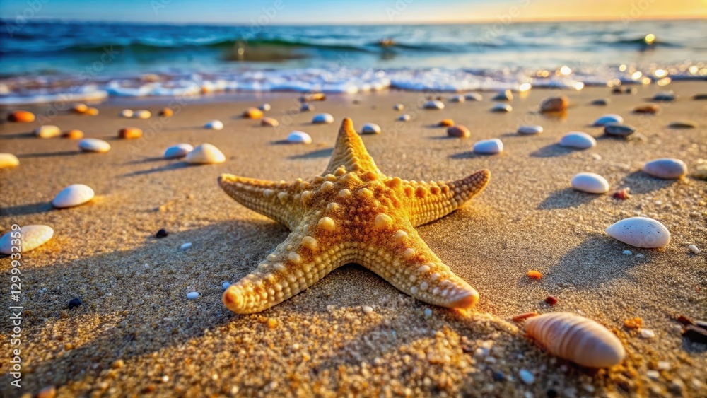 A starfish lying on sandy beach with small rocks and shells scattered around it , natural world