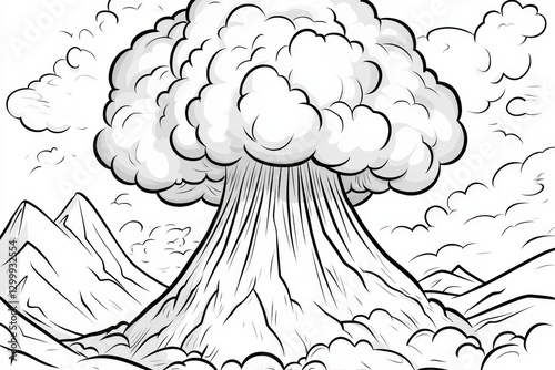A simple black-and-white line-art illustration of a volcano erupting