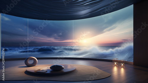 Immersive ocean-themed room for meditation and relaxation, featuring calming visuals, soft lighting, and serene elements like stones and candles