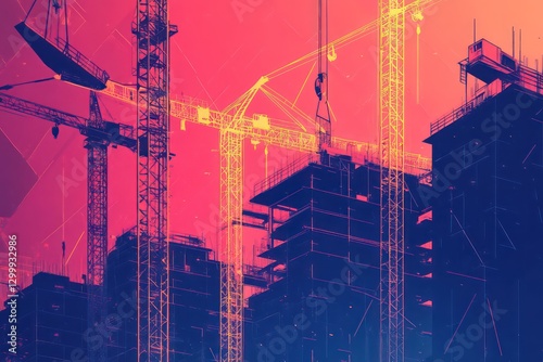 A vibrant, high-contrast illustration of a city under development, with cranes actively shaping the typography.