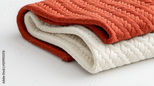 A cozy woven blanket in orange and cream, perfect for home decoration and comfort.