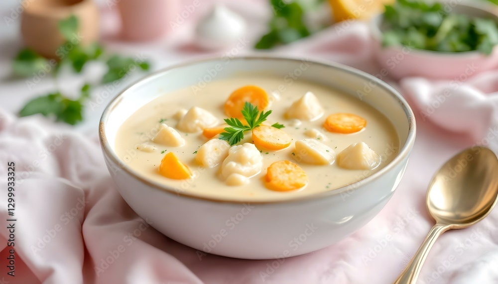A bowl of clam chowder garnished with lemons, set against a vibrant pink background, evoking summer flavors A bowl of clam chowder garnished with lemons, set against a vibrant pink background, evoking summer flavors