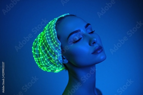 woman face hairnet green glowing lines blue background calm