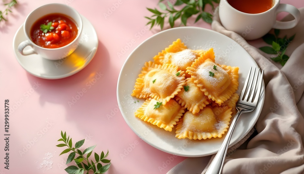 Fried ravioli topped with tomato sauce and cheese, served on a plate, perfect for summer dining Fried ravioli topped with tomato sauce and cheese, served on a plate, perfect for summer dining