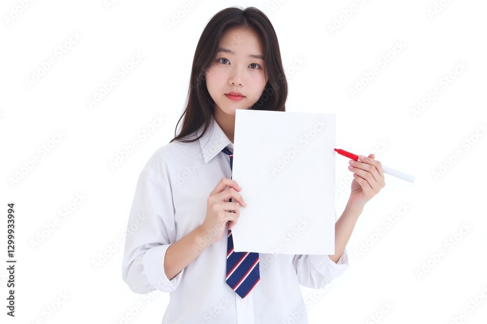 young woman white school uniform tie paper marker young woman white school uniform tie paper marker