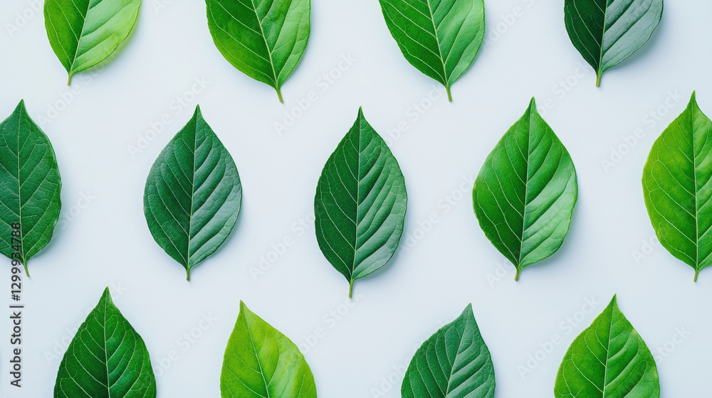 Fototapeta premium Arranged leaves in various shades on a light background.