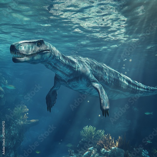 Underwater Prehistoric Marine Reptile in a Vibrant Coral Reef Digital Art