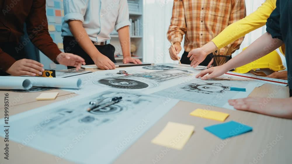 A diverse group of professionals collaborates on an engineering project, discussing blueprints and utilizing tools in a bright office environment, showcasing teamwork and innovation. SACTR A diverse group of professionals collaborates on an engineering project, discussing blueprints and utilizing tools in a bright office environment, showcasing teamwork and innovation. SACTR