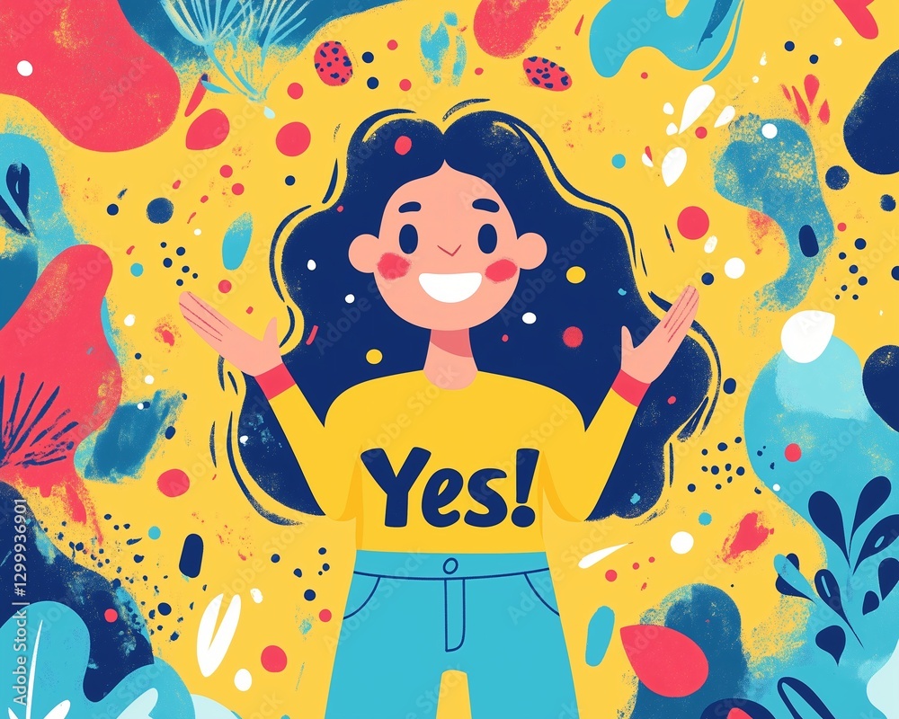 illustration of a girl smiling and happiness with 'yes!' text on her shirt illustration of a girl smiling and happiness with 'yes!' text on her shirt