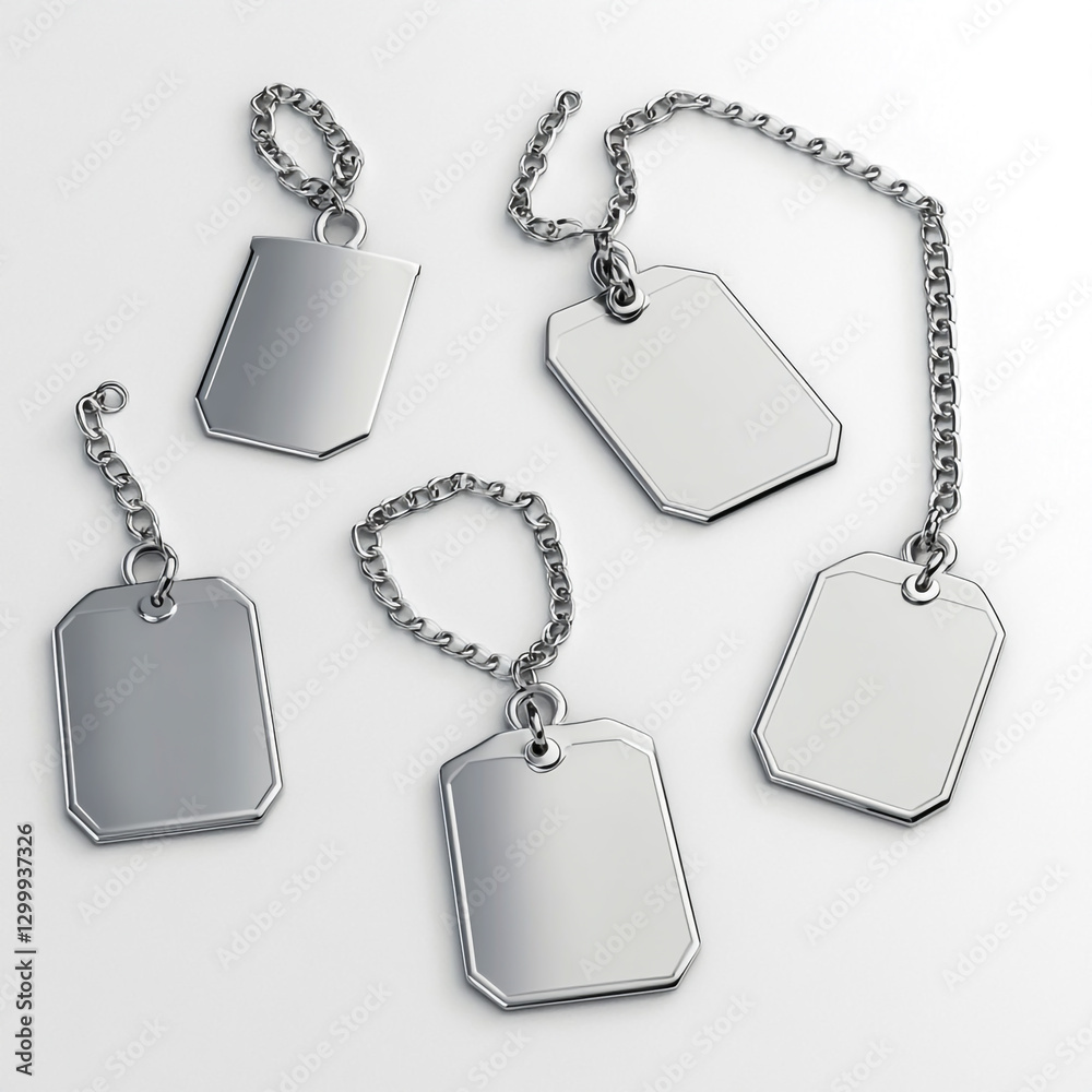 Fototapeta premium Silver military dog tags with chains displayed at various angles on transparent background
