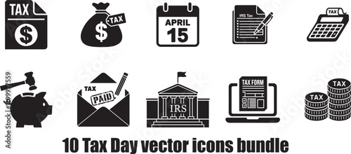 Tax Day Black and White Icon Bundle Vector