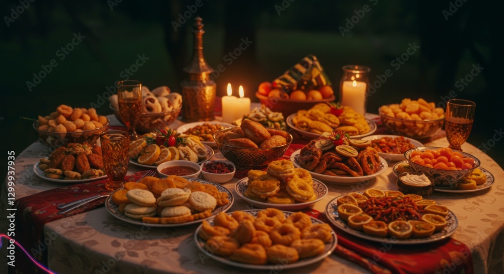 Naklejka premium A Lavish Nighttime Feast: Abundant Table of Delicious Food, Warm Candlelight, and Festive Atmosphere