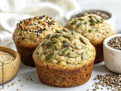 Heritage grain baking freshly baked muffins bursting with seeds and grains, surrounded by natural ingredients, inviting a sensory experience. photo