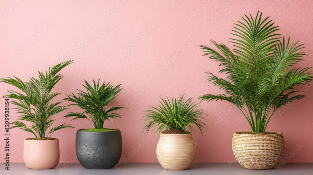 Four potted palm-like plants of varying sizes against a pink wall. Ideal for interior design and plant care blogs.