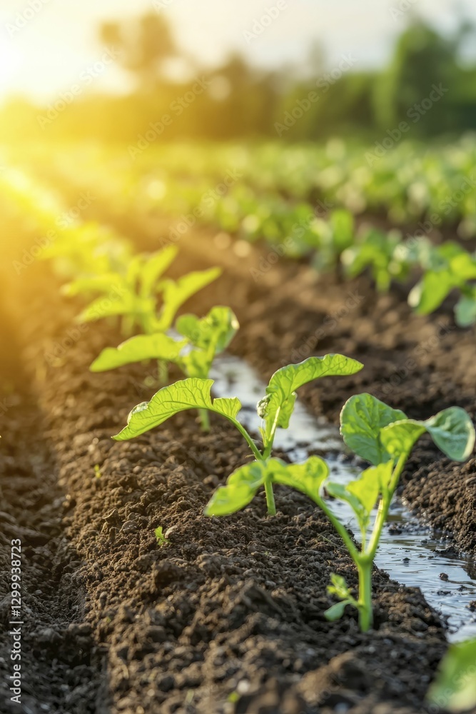 Modern smart irrigation technology controlling water flow in a vegetable garden, showcasing healthy crops thriving in rich soil. Morning light filters through. Modern smart irrigation technology controlling water flow in a vegetable garden, showcasing healthy crops thriving in rich soil. Morning light filters through.