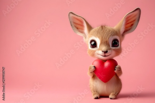 Digital ads conceptual art concept art. Cute antelope baby with furry friend toy red heart - sign of love, funny greeting card. Ad concept. Antelope - my beloved animal. Zoo love event ideas. photo