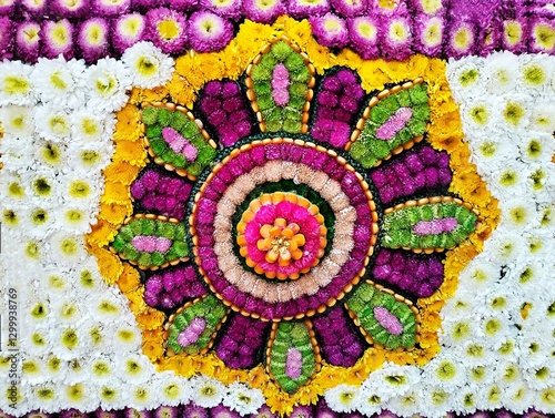 In the picture is a picture of a flower decorated with a pattern made from rope, dark pink, green and white immortelle flowers decorated in a frame in the center in a circle around the frame