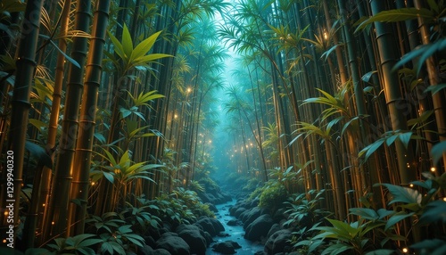 Serene Bamboo Forest Path Magical Stream Illuminated Night Scene Tranquil Nature Background