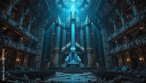 Majestic Pipe Organ in a Ruined Neoclassical Church Hall An Eerie Digital Art Scene