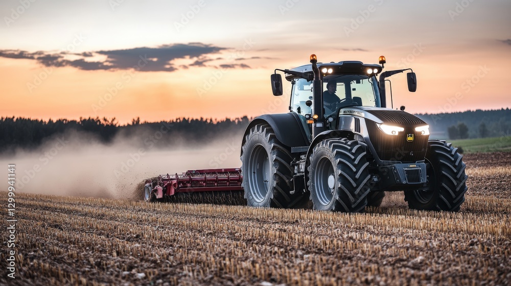 Fototapeta premium Large black and silver tractor plowing a field at sunset illuminating dust