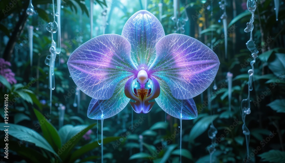 Glowing Orchid Flower in Mystical Rainforest Setting with Water Droplets