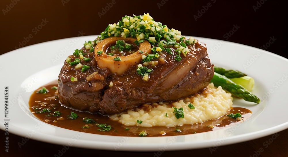 A plate of osso buco, slow-braised veal shank with gremolata. A plate of osso buco, slow-braised veal shank with gremolata.