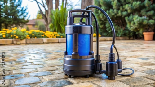 Household submersible pump with plastic housing on stone floor, home decor, pump,  home decor