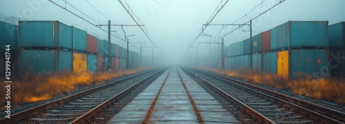Long desolate railway yard with fog and stacked containers in industrial district